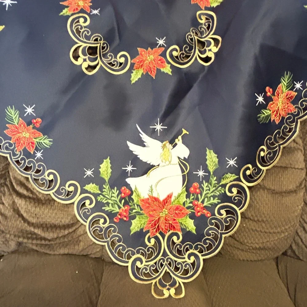 Vintage Square Table Topper 33in Navy Blue Angel Poinsettia Holiday Christmas